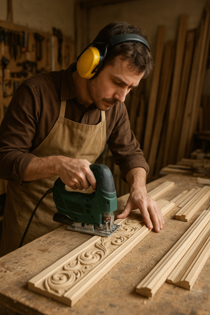 Millwork in Renovations Craftsman Cutting Wood Detail in Workshop